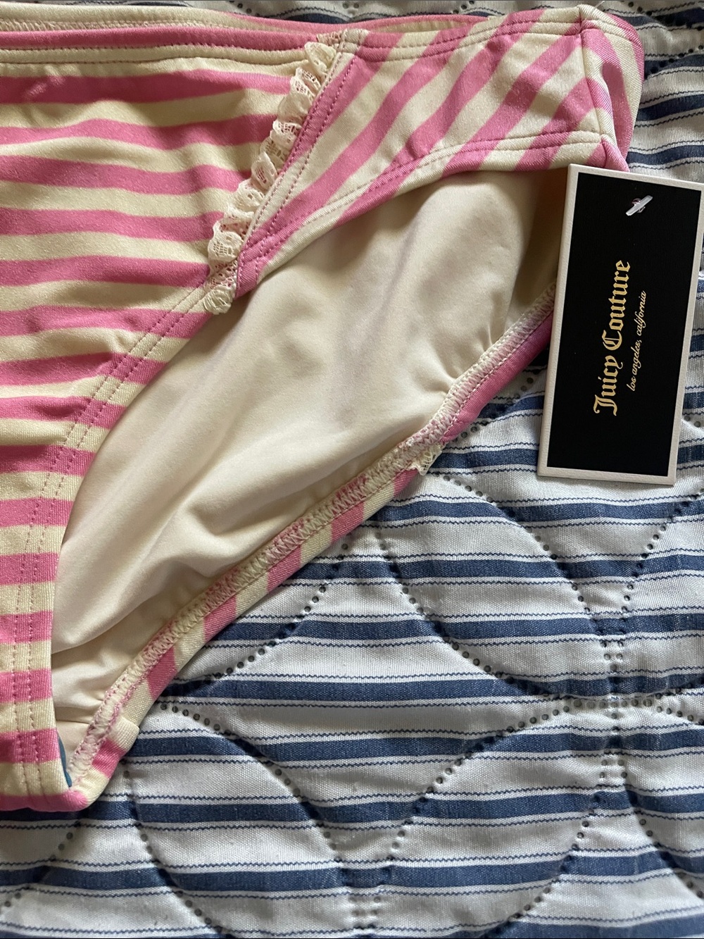 Juicy Couture Pink & White Striped Bikini Bottoms with Lace Trim - Picture 2 of 4